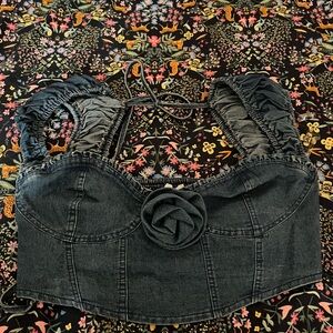 Denim Bustier Top with Floral Accent